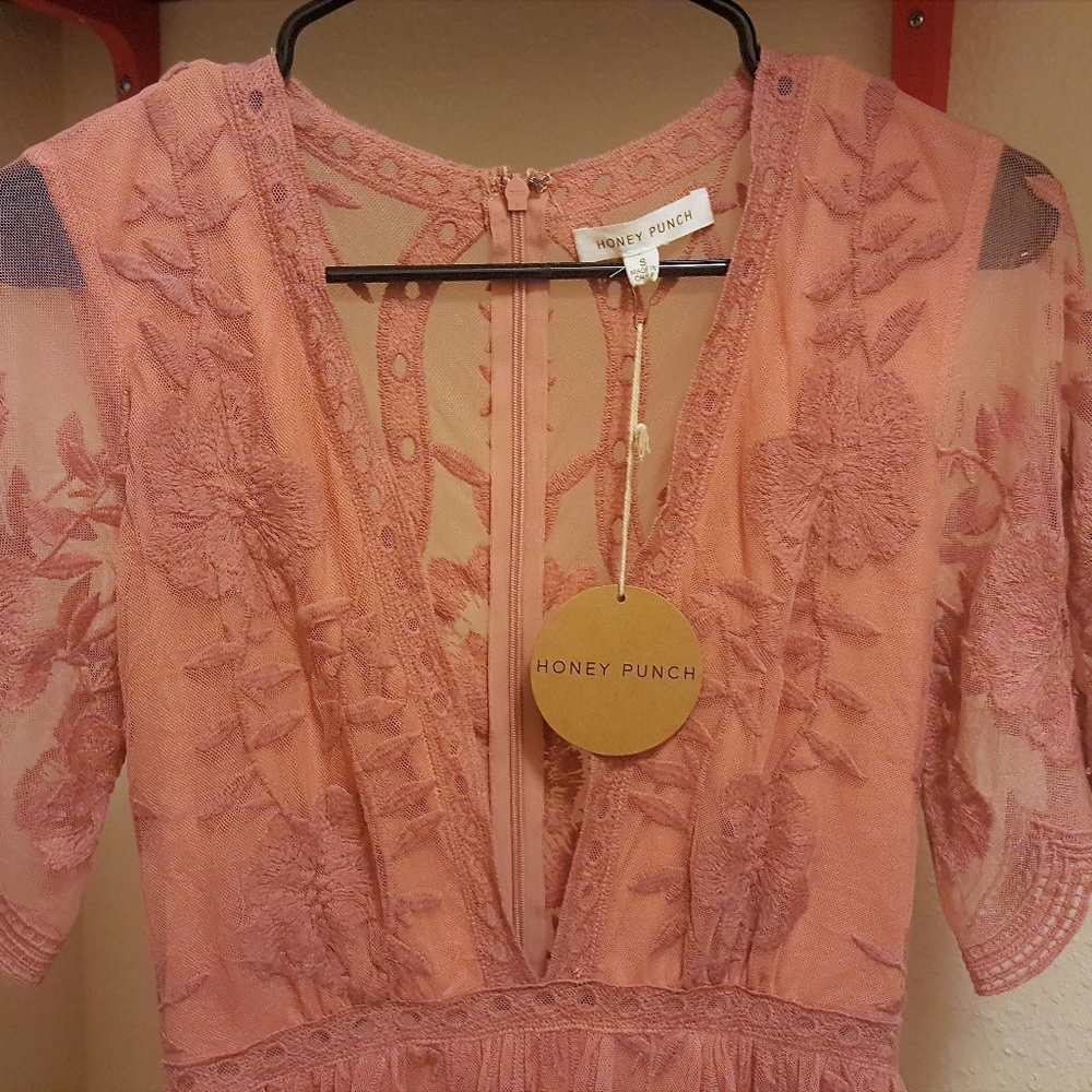 *SOLD* Honey Punch Pink Lace Romper Maxi Dress - Picture 4 of 5